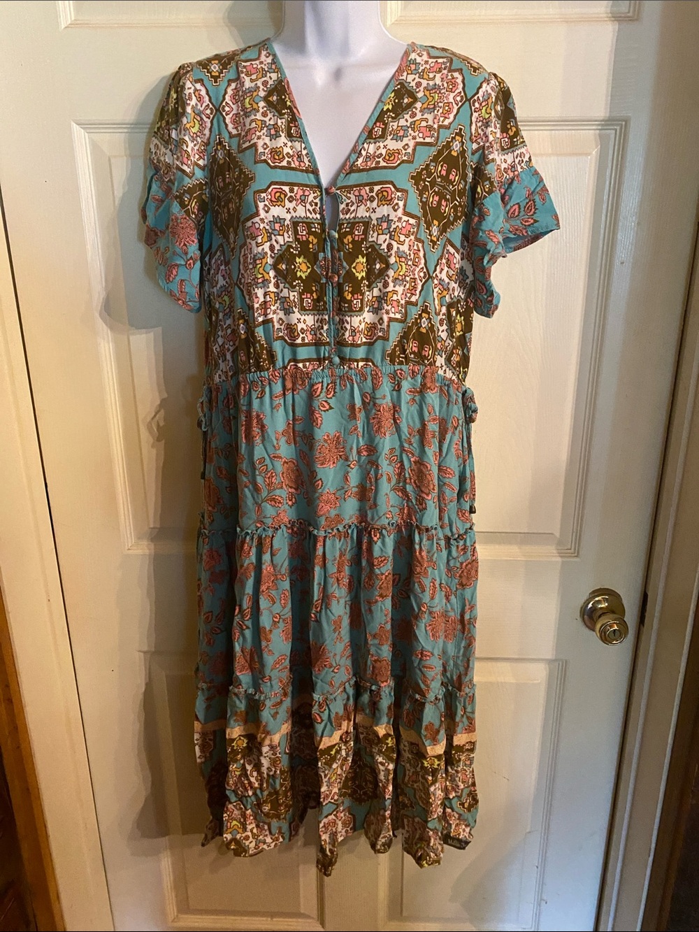 Matilda Jane Teal and Rust Floral Tiered Midi Dress